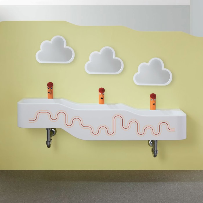 Geberit Bambini Spiel- und Waschlandschaft, 3 Waschplätze, tieferes Becken rechts