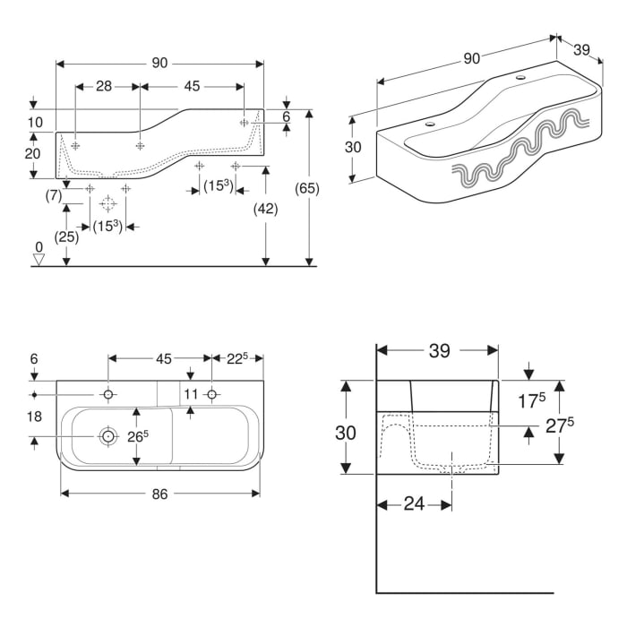 Geberit Bambini Spiel- und Waschlandschaft, 2 Waschplätze, tieferes Becken links