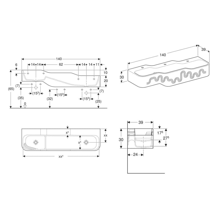 Geberit Bambini Spiel- und Waschlandschaft, 3 Waschplätze, tieferes Becken rechts