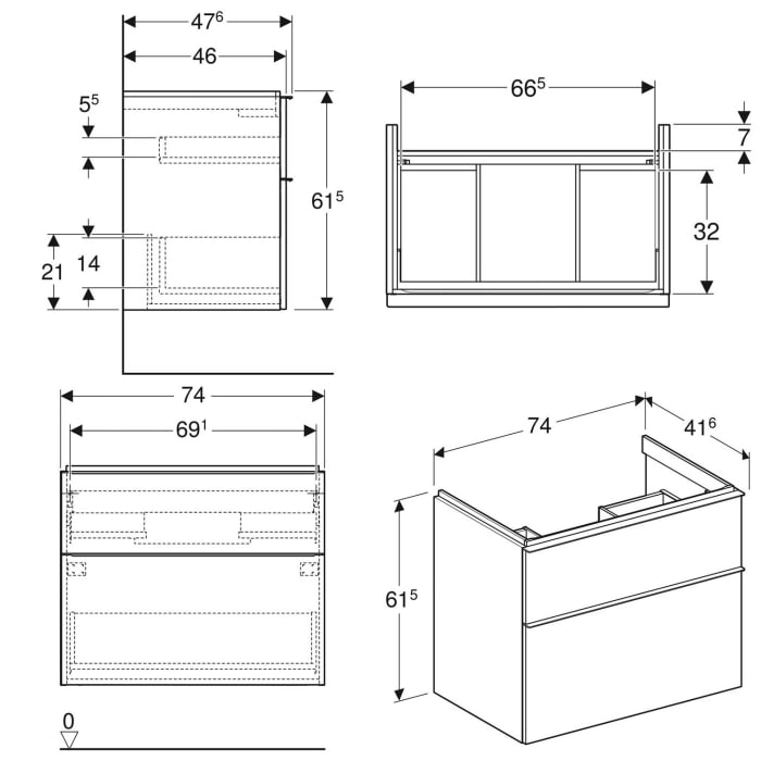 Geberit iCon Unterschrank für Waschtisch 75 cm, mit 2 Schubladen
