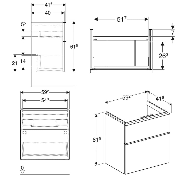 Geberit iCon Unterschrank für Waschtisch 60 cm, mit 2 Schubladen, verkürzte Ausladung