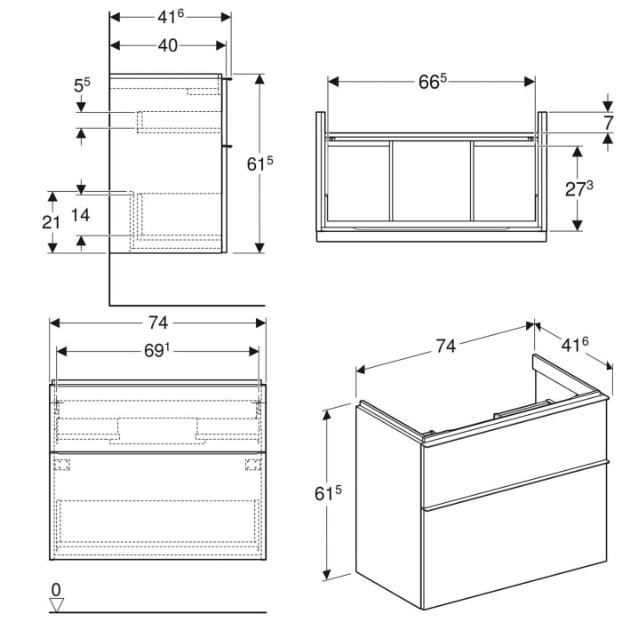 Geberit iCon Unterschrank für Waschtisch 75 cm, mit 2 Schubladen, verkürzte Ausladung