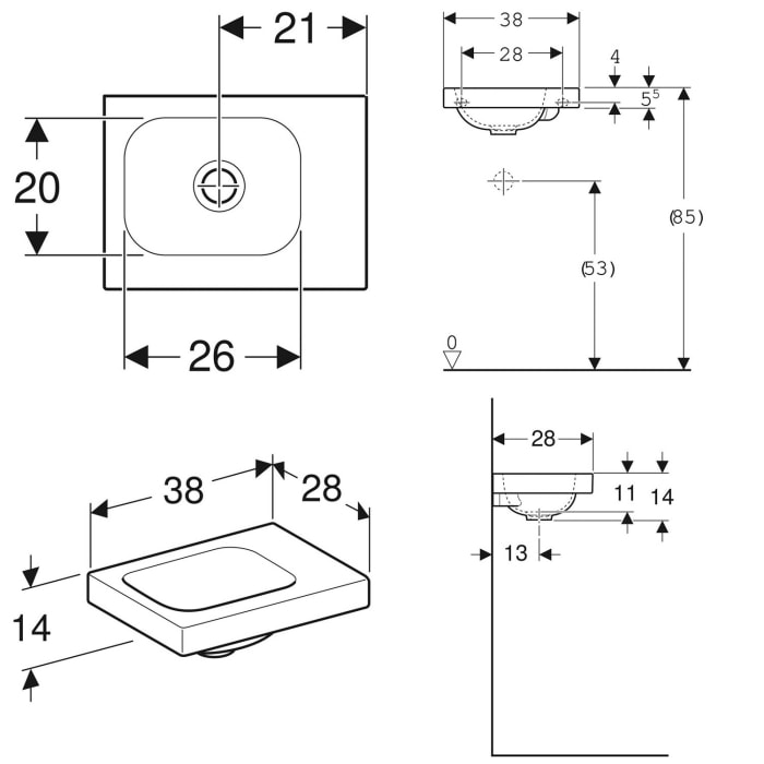 Geberit iCon Light Handwaschbecken 38 cm, ohne Hahnloch, ohne Überlauf