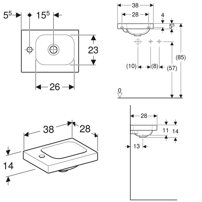 Geberit iCon Light Handwaschbecken 38 cm, mit 1 Hahnloch links, ohne Überlauf