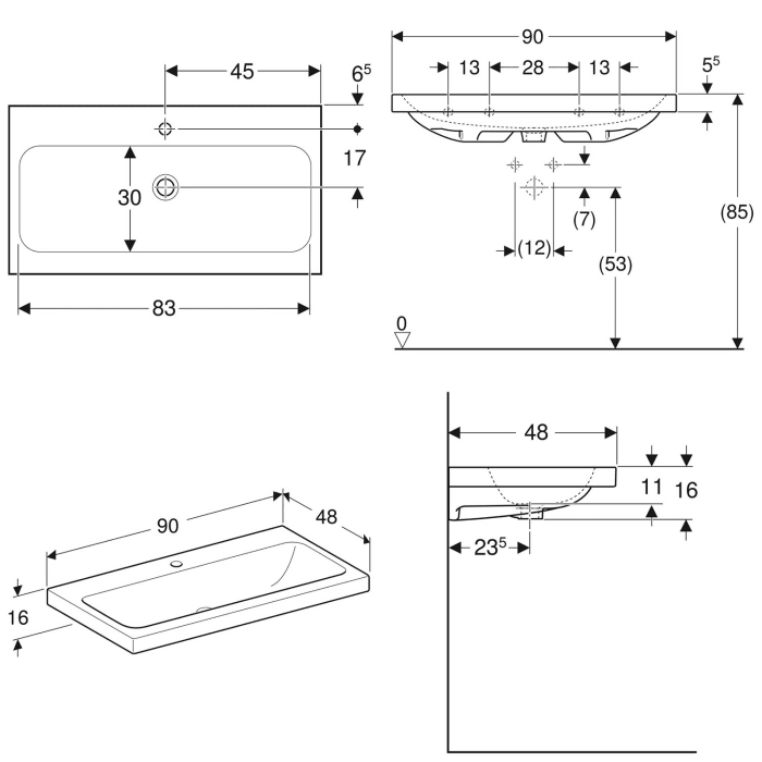 Geberit iCon Light Waschtisch 90 cm, mit 1 Hahnloch, ohne Überlauf