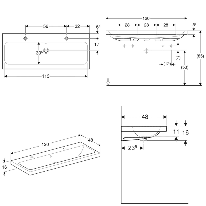 Geberit iCon Light Waschtisch 120 cm, mit 2 Hahnlöchern, mit Überlauf