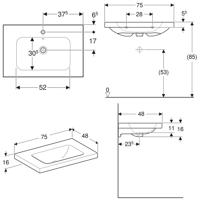 Geberit iCon Light Waschtisch 75 cm mit Ablagefläche, ohne Hahnloch, ohne Überlauf