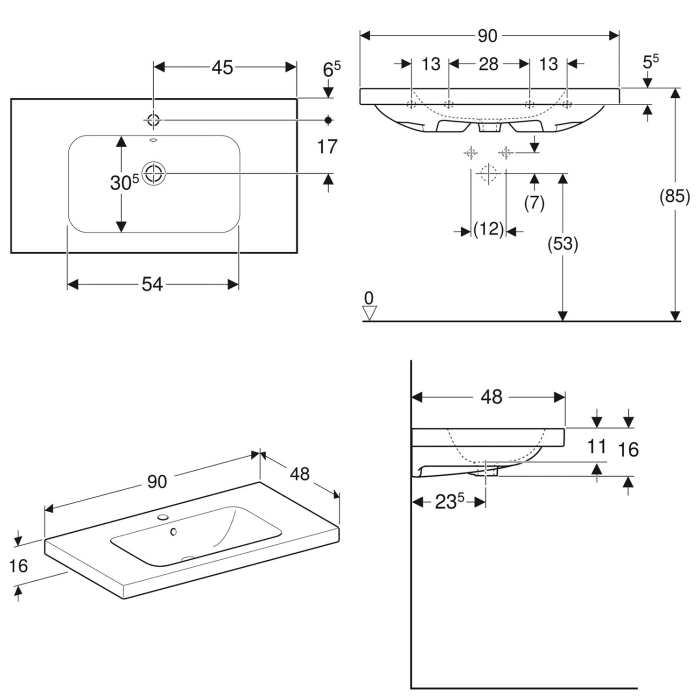 Geberit iCon Light Waschtisch 90 cm mit Ablagefläche, mit 1 Hahnloch, mit Überlauf