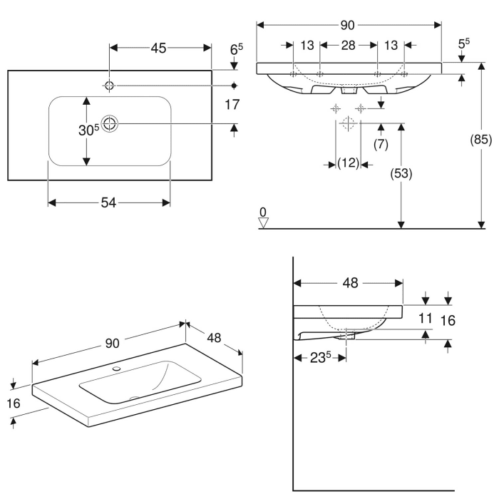 Geberit iCon Light Waschtisch 90 cm mit Ablagefläche, mit 1 Hahnloch, ohne Überlauf
