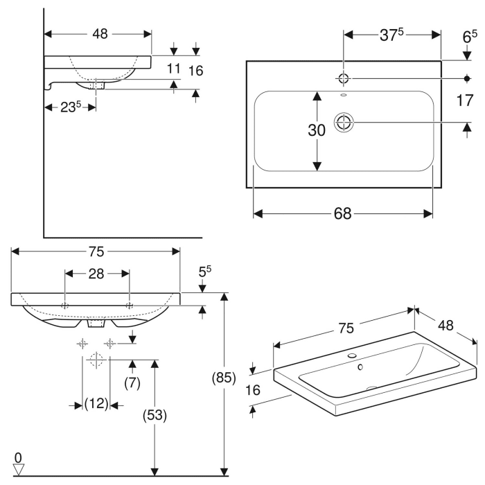 Geberit iCon Aufsatzwaschtisch 75 cm mit Hahnloch mittig und Überlauf
