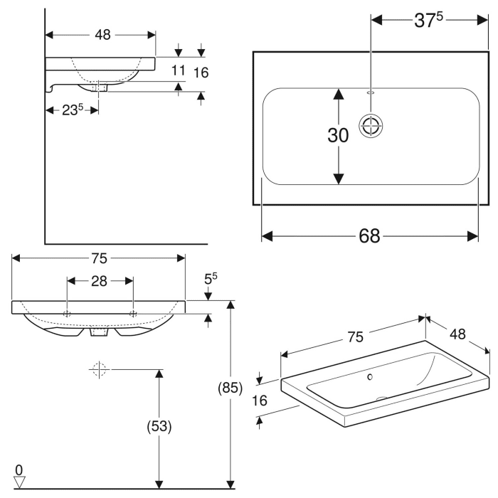 Geberit iCon Aufsatzwaschtisch 75 cm ohne Hahnloch, mit Überlauf