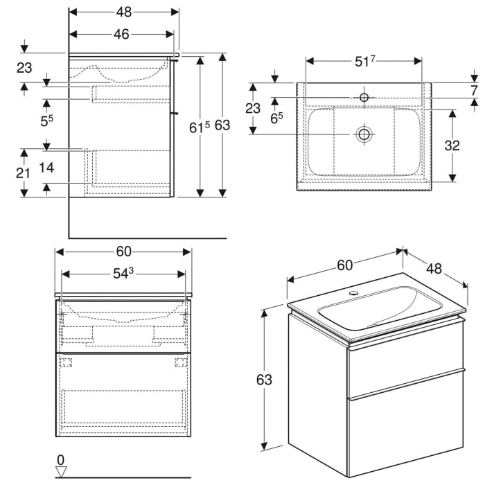 Geberit iCon Set Möbelwaschtisch 60 cm schmaler Rand, mit Unterschrank, 2 Schubladen und Waschbeckenanschluss