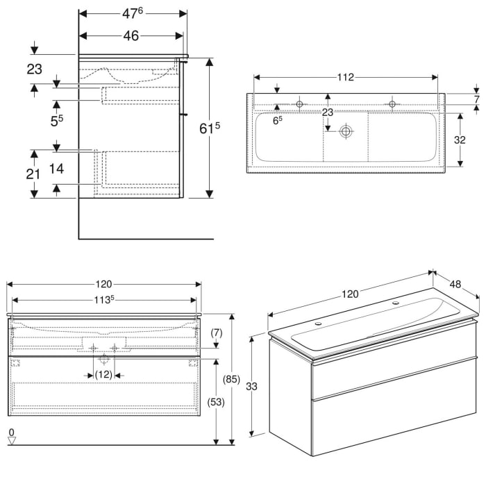 Geberit iCon Set Möbelwaschtisch 120 cm schmaler Rand, mit Unterschrank, 2 Schubladen und Waschbeckenanschluss