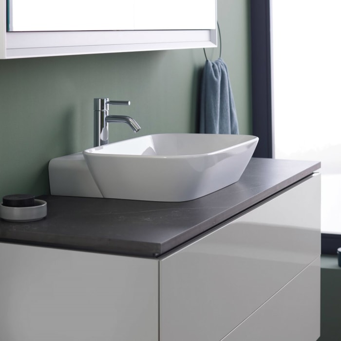 Geberit ONE Aufsatzwaschtisch Schalenform, 1 Hahnloch, ohne Überlauf, Abgang vertikal