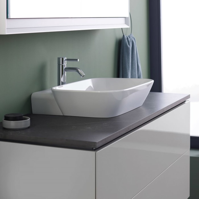 Geberit ONE Aufsatzwaschtisch Schalenform, 1 Hahnloch, ohne Überlauf, Abgang horizontal