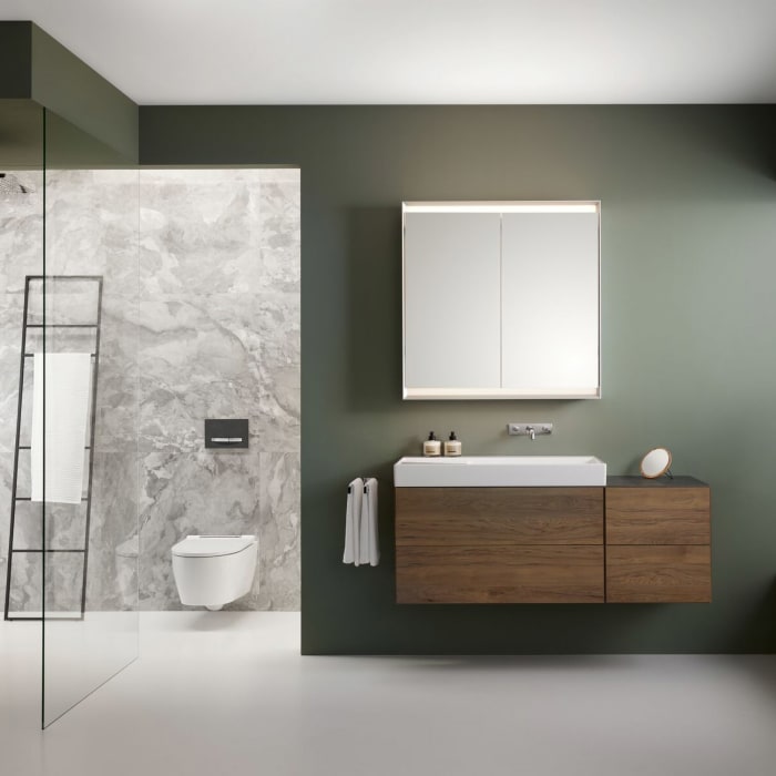 Geberit ONE Waschtisch 90 cm, Abgang horizontal, ohne Hahnloch, ohne Überlauf, Ablage links