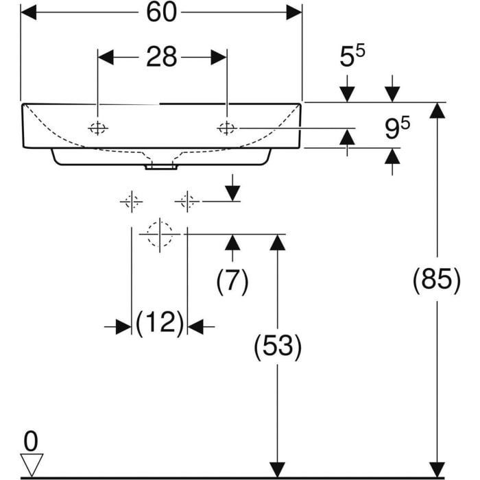 Geberit ONE Waschtisch 60 cm, Abgang vertikal, ohne Hahnloch, ohne Überlauf