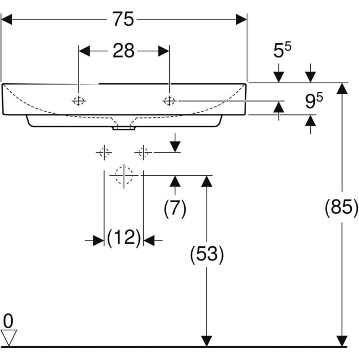 Geberit ONE Waschtisch 75 cm, Abgang vertikal, ohne Hahnloch, ohne Überlauf