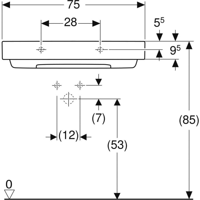 Geberit ONE Waschtisch 75 cm, Abgang horizontal, ohne Hahnloch, ohne Überlauf
