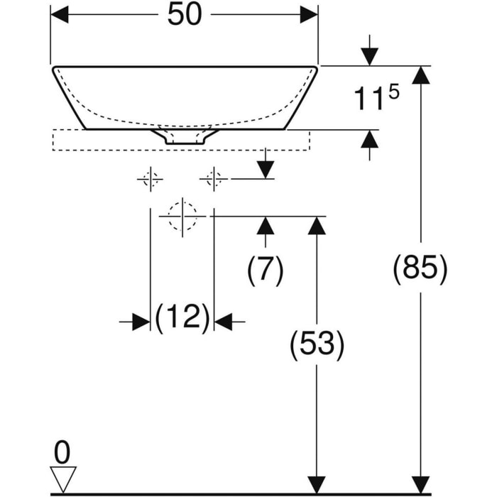 Geberit ONE Aufsatzwaschtisch Schalenform, 1 Hahnloch, ohne Überlauf, Abgang vertikal