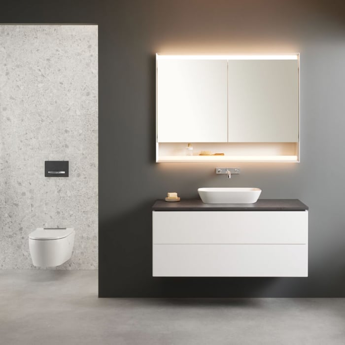 Geberit ONE Aufsatzwaschtisch Schalenform, ohne Hahnloch, ohne Überlauf, Abgang horizontal