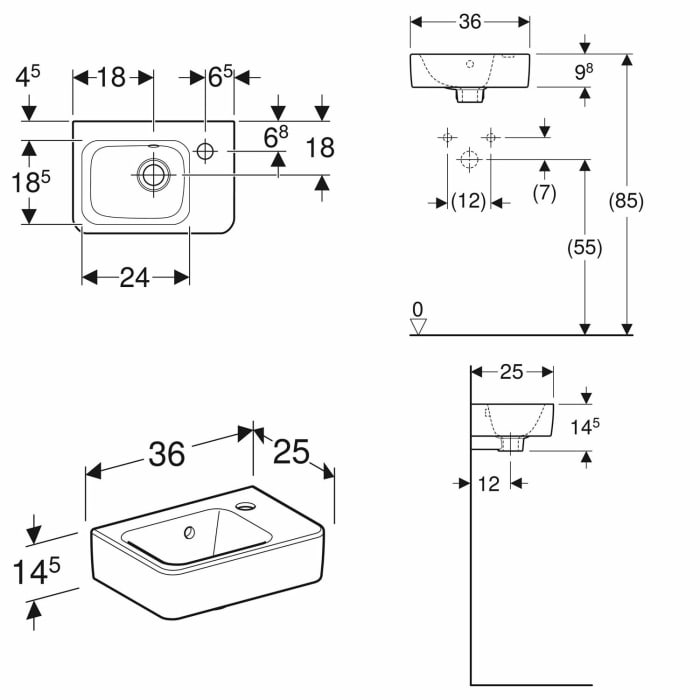 Geberit Renova Plan Handwaschbecken 36 cm, mit 1 Hahnloch, mit Überlauf