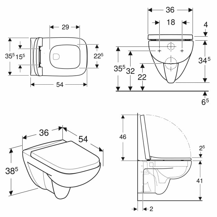 Geberit Renova Plan Set Wand-WC Tiefspüler, Rimfree, mit WC-Sitz