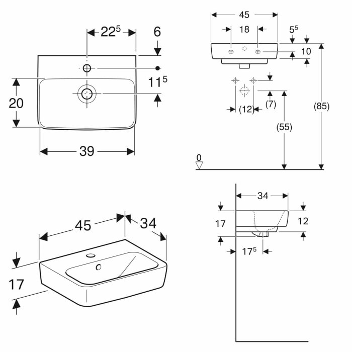 Geberit Renova Plan Handwaschbecken 45 cm, mit 1 Hahnloch, mit Überlauf