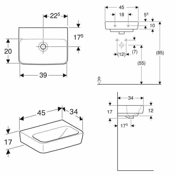Geberit Renova Plan Handwaschbecken 45 cm, ohne Hahnloch, ohne Überlauf