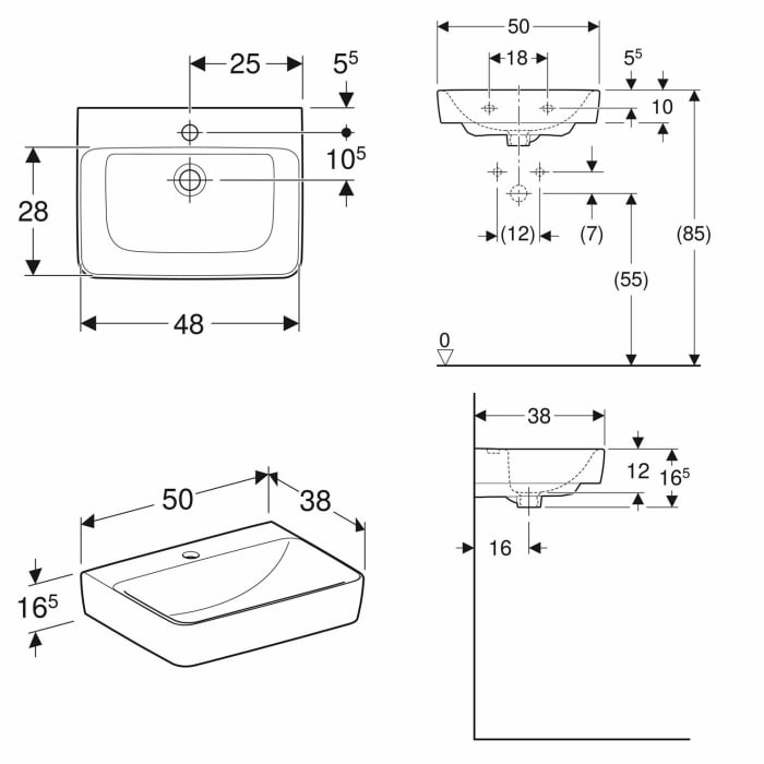 Geberit Renova Plan Handwaschbecken 50 cm, mit 1 Hahnloch, ohne Überlauf