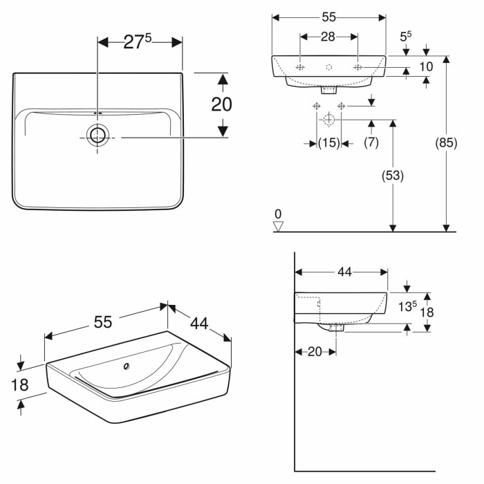 Geberit Renova Plan Waschtisch 55 cm, ohne Hahnloch, mit Überlauf
