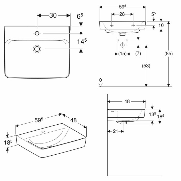 Geberit Renova Plan Waschtisch 60 cm, mit 1 Hahnloch, ohne Überlauf