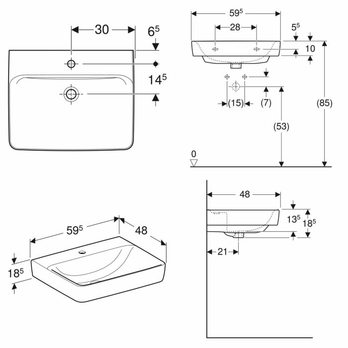 Geberit Renova Plan Waschtisch 60 cm, mit 1 Hahnloch, ohne Überlauf