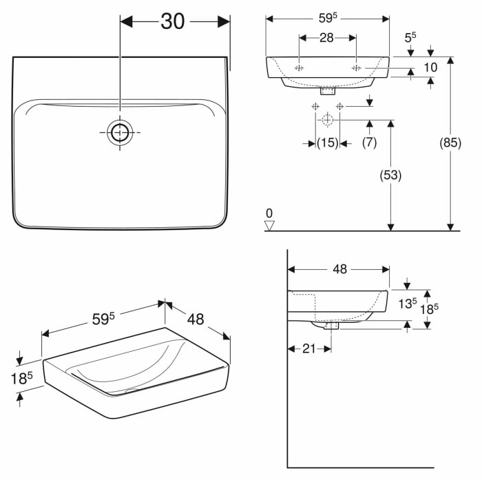 Geberit Renova Plan Waschtisch 60 cm, ohne Hahnloch, ohne Überlauf