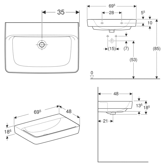 Geberit Renova Plan Waschtisch 70 cm, ohne Hahnloch, ohne Überlauf