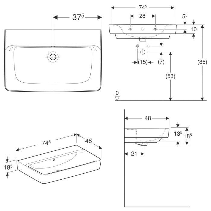 Geberit Renova Plan Waschtisch 75 cm, ohne Hahnloch, mit Überlauf