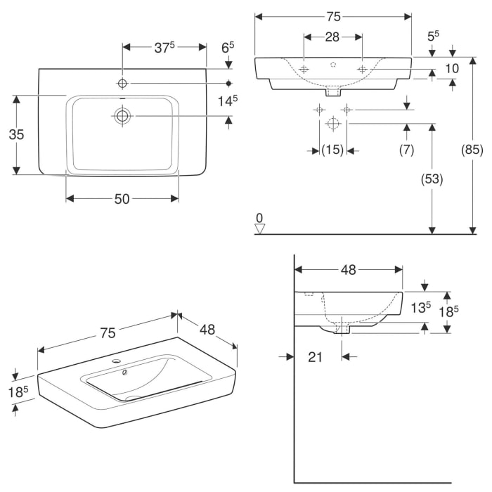 Geberit Renova Plan Waschtisch 75 cm mit Ablagefläche, mit 1 Hahnloch, mit Überlauf