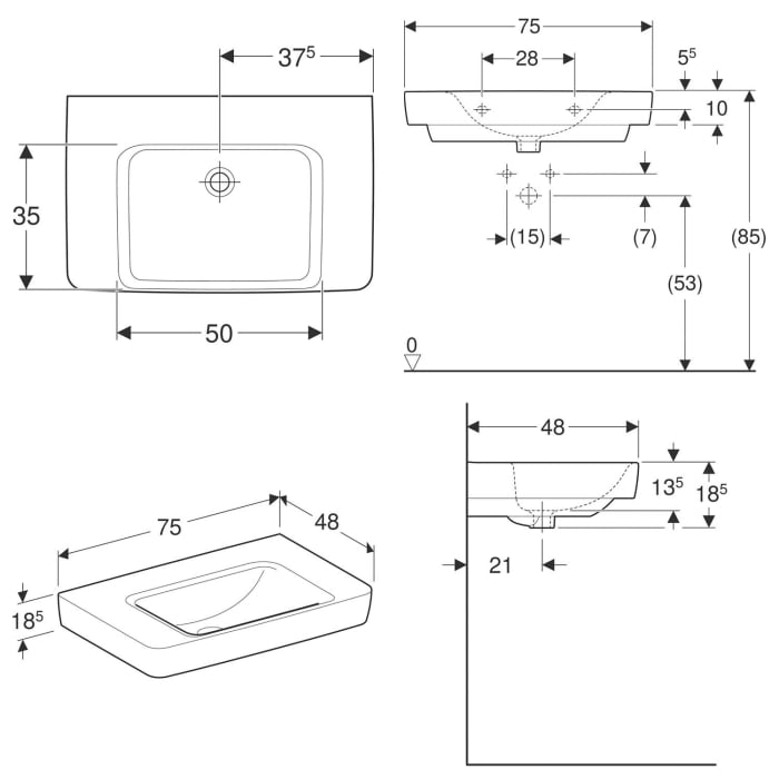 Geberit Renova Plan Waschtisch 75 cm mit Ablagefläche, ohne Hahnloch, ohne Überlauf