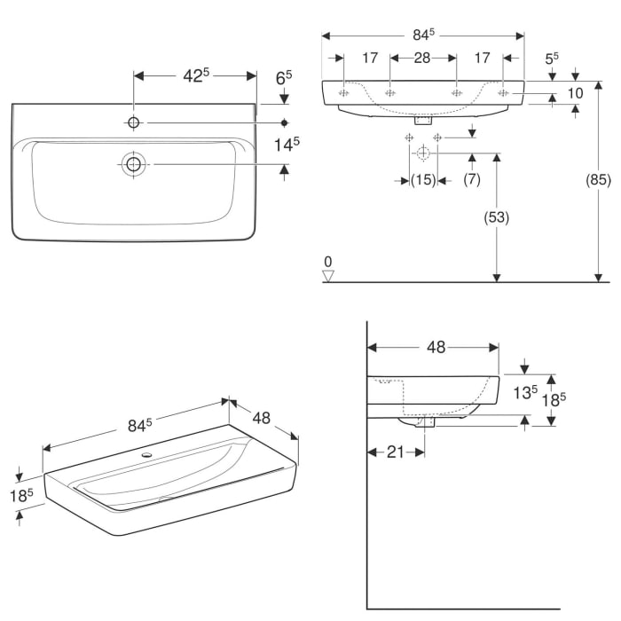 Geberit Renova Plan Waschtisch 85 cm, mit 1 Hahnloch, ohne Überlauf