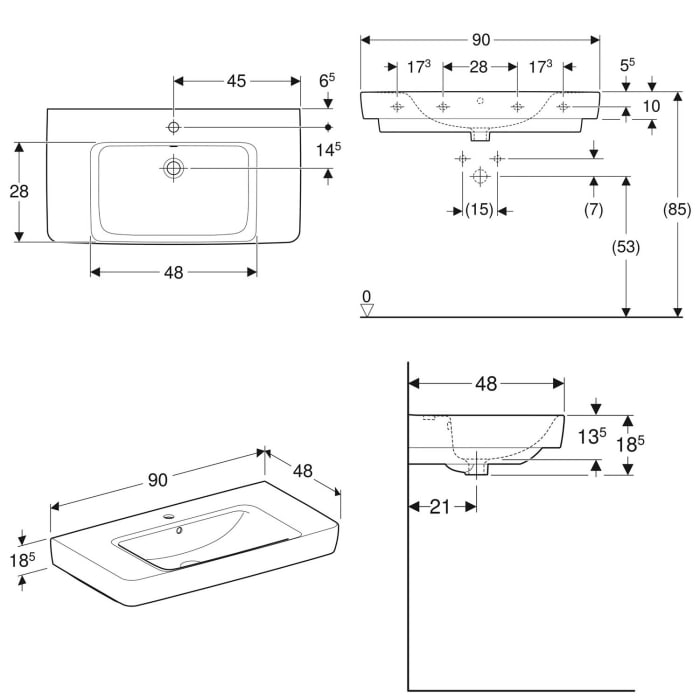 Geberit Renova Plan Waschtisch 90 cm mit Ablagefläche, mit 1 Hahnloch, mit Überlauf