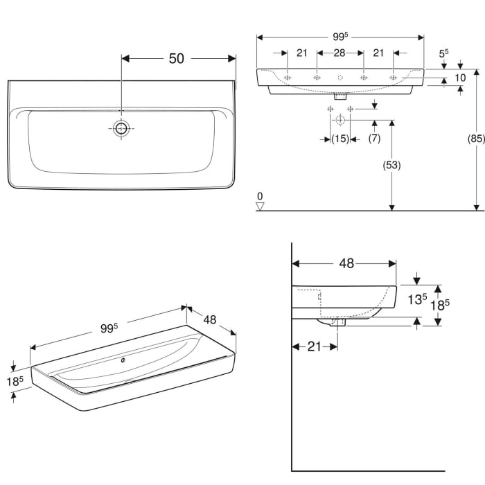 Geberit Renova Plan Waschtisch 100 cm, ohne Hahnloch, mit Überlauf