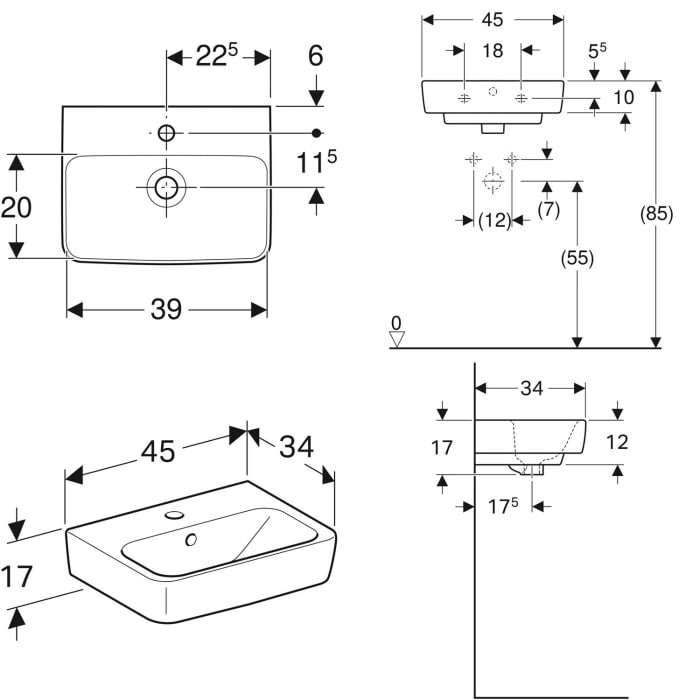 Geberit Renova Plan Aufsatzhandwaschbecken 45 cm, mit 1 Hahnloch, mit Überlauf