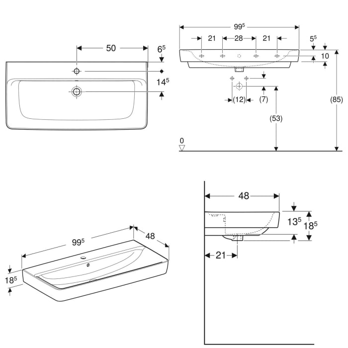 Geberit Renova Plan Aufsatzwaschtisch 100 cm, mit 1 Hahnloch, mit Überlauf