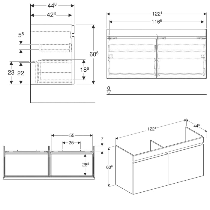 Geberit Renova Plan Unterschrank für Doppelwaschtisch 130 cm, mit 2 Schubladen und 2 Innenschubladen
