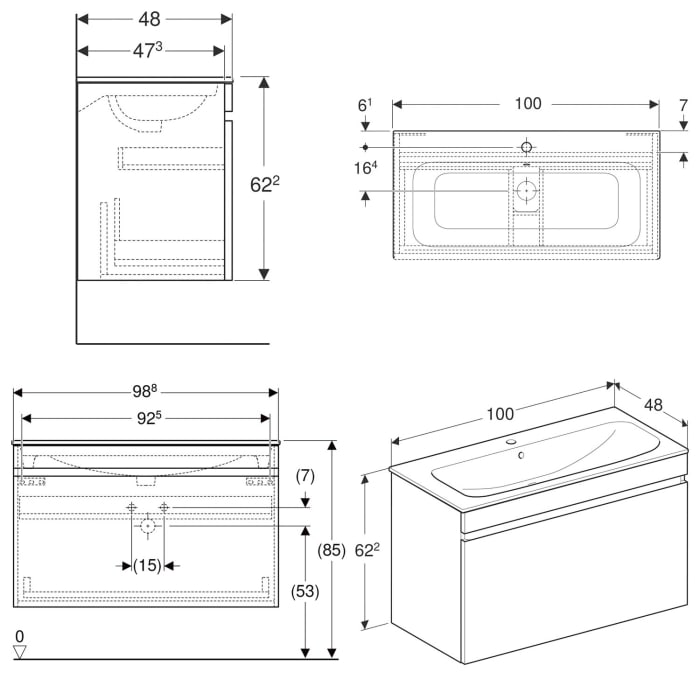 Geberit Renova Plan Set Möbelwaschtisch schmaler Rand mit 1 Schublade und 1 Innenschublade 100 cm