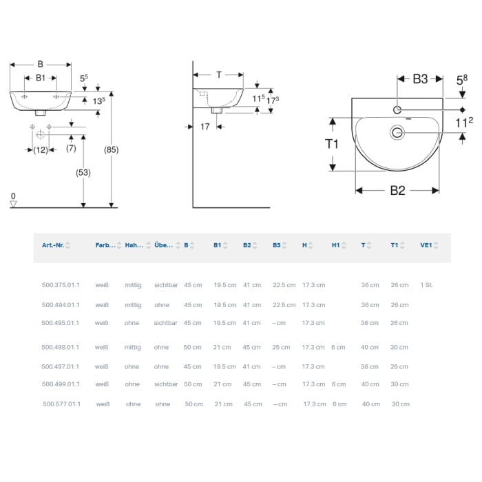 Geberit Renova Handwaschbecken 50 x 40 cm ohne Hahnloch mit Überlauf