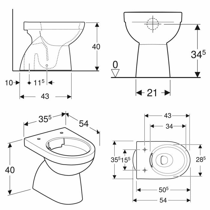 Geberit Renova Stand-WC Tiefspüler, Abgang vertikal, teilgeschlossene Form, Rimfree