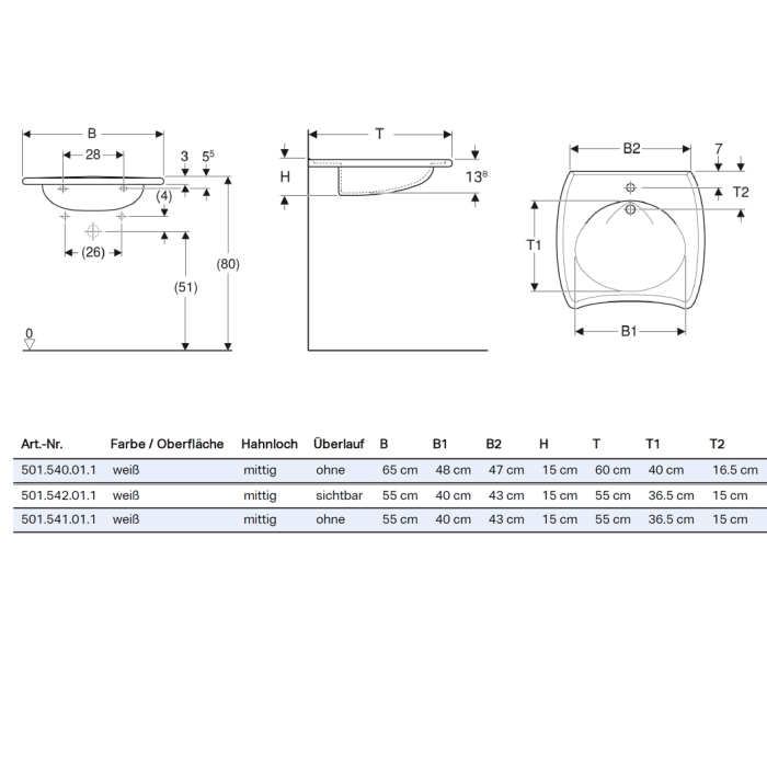 Geberit Vitalis Waschtisch 65 x 60 cm, barrierefrei