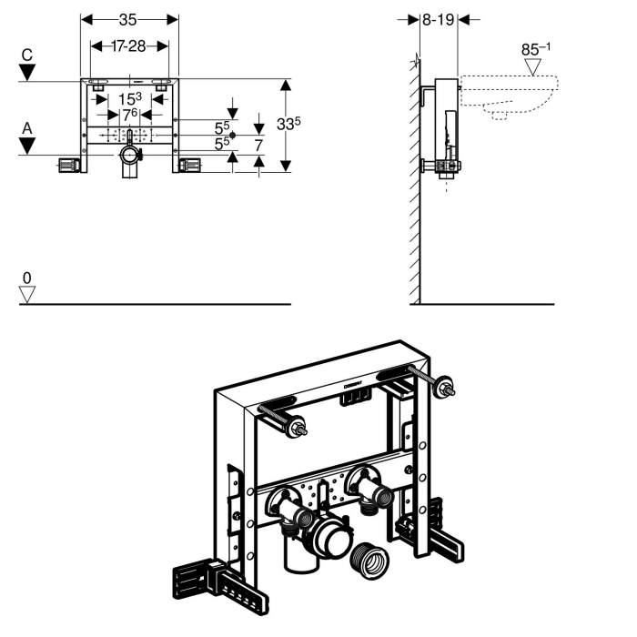 Geberit Kombifix Element Waschtisch für Einlocharmatur, tiefenverstellbar