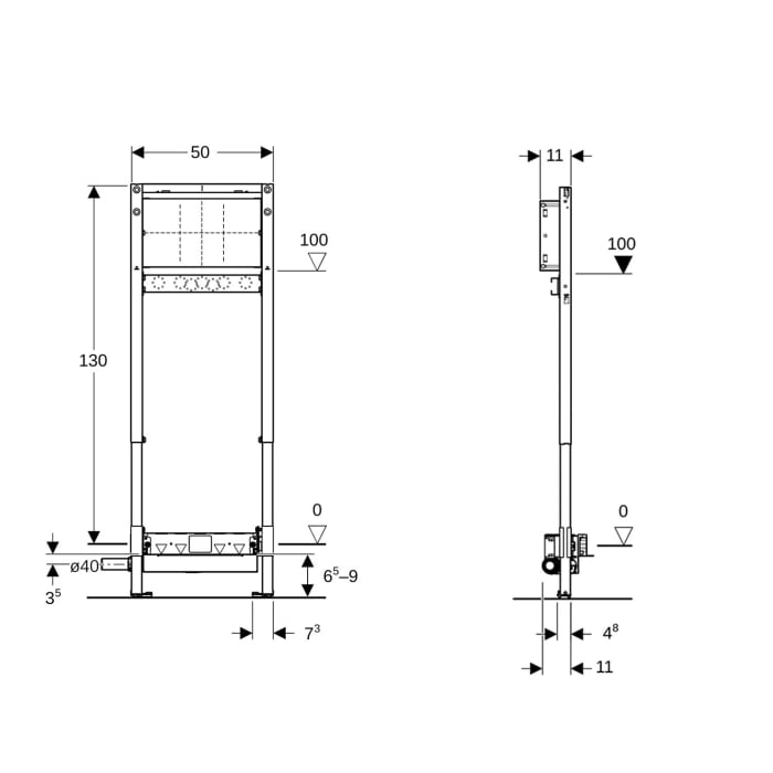 Geberit Duofix Element für Dusche 130 cm mit Wandablauf, Wandarmatur UP d40